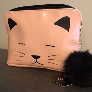 Pink cat kitten cosmetic bag with pompom